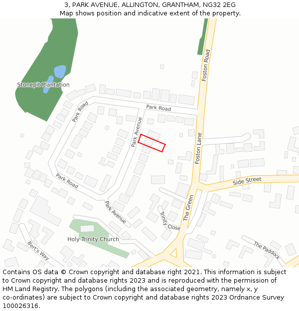 3, PARK AVENUE, ALLINGTON, GRANTHAM, NG32 2EG: Location map and indicative extent of plot