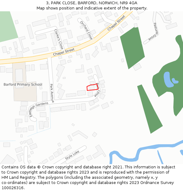 3, PARK CLOSE, BARFORD, NORWICH, NR9 4GA: Location map and indicative extent of plot