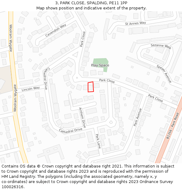 3, PARK CLOSE, SPALDING, PE11 1PP: Location map and indicative extent of plot