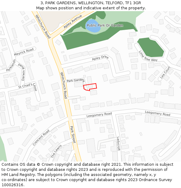 3, PARK GARDENS, WELLINGTON, TELFORD, TF1 3GR: Location map and indicative extent of plot