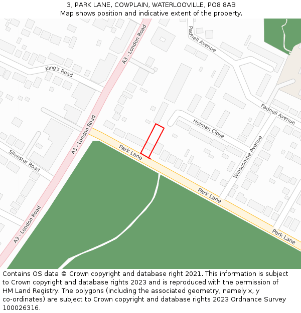 3, PARK LANE, COWPLAIN, WATERLOOVILLE, PO8 8AB: Location map and indicative extent of plot