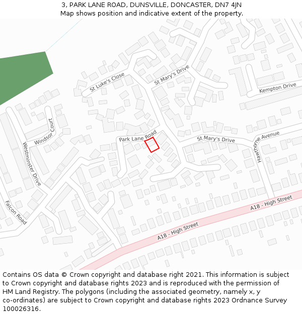 3, PARK LANE ROAD, DUNSVILLE, DONCASTER, DN7 4JN: Location map and indicative extent of plot