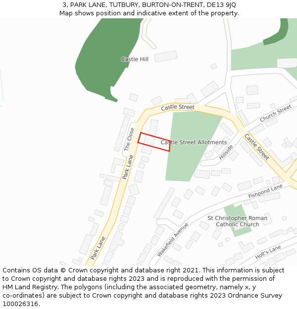 3, PARK LANE, TUTBURY, BURTON-ON-TRENT, DE13 9JQ: Location map and indicative extent of plot
