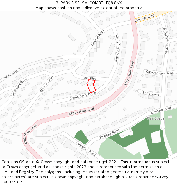 3, PARK RISE, SALCOMBE, TQ8 8NX: Location map and indicative extent of plot