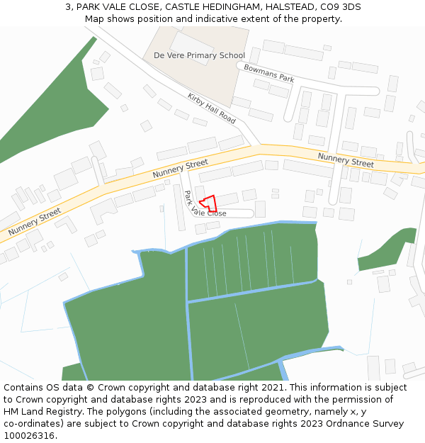 3, PARK VALE CLOSE, CASTLE HEDINGHAM, HALSTEAD, CO9 3DS: Location map and indicative extent of plot