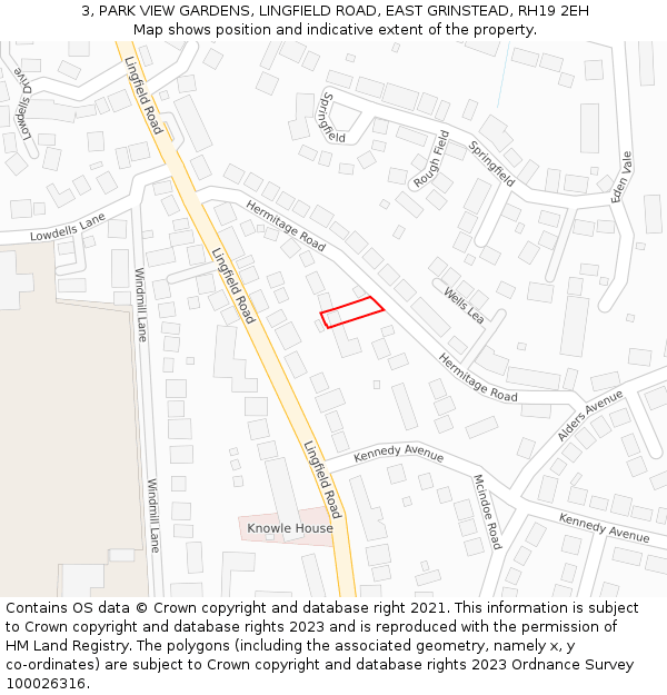 3, PARK VIEW GARDENS, LINGFIELD ROAD, EAST GRINSTEAD, RH19 2EH: Location map and indicative extent of plot