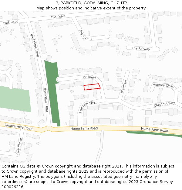 3, PARKFIELD, GODALMING, GU7 1TP: Location map and indicative extent of plot