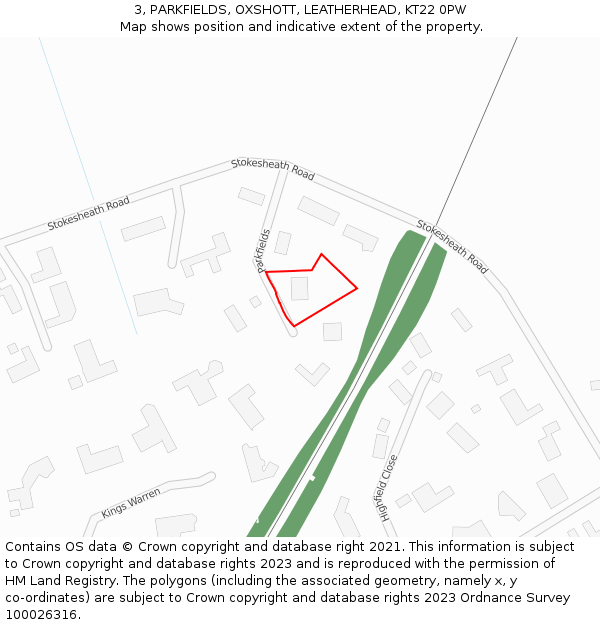 3, PARKFIELDS, OXSHOTT, LEATHERHEAD, KT22 0PW: Location map and indicative extent of plot