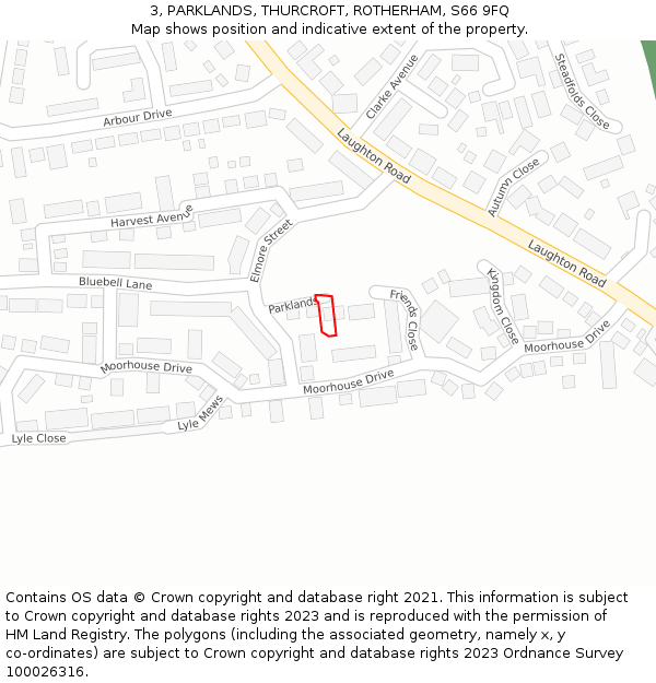 3, PARKLANDS, THURCROFT, ROTHERHAM, S66 9FQ: Location map and indicative extent of plot