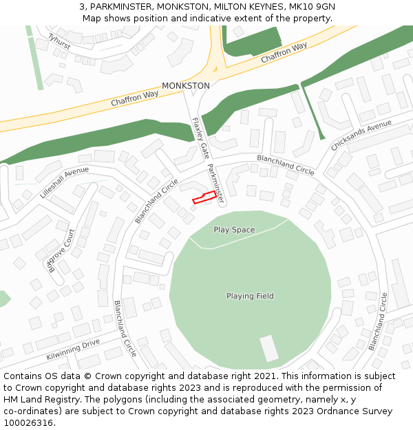 3, PARKMINSTER, MONKSTON, MILTON KEYNES, MK10 9GN: Location map and indicative extent of plot