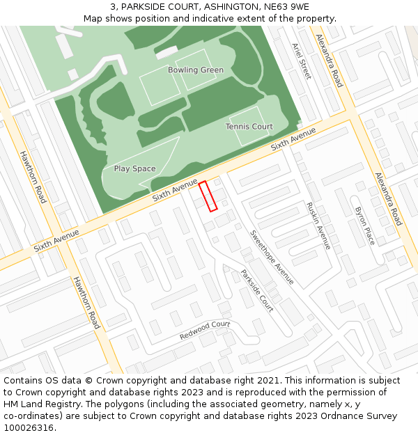 3, PARKSIDE COURT, ASHINGTON, NE63 9WE: Location map and indicative extent of plot