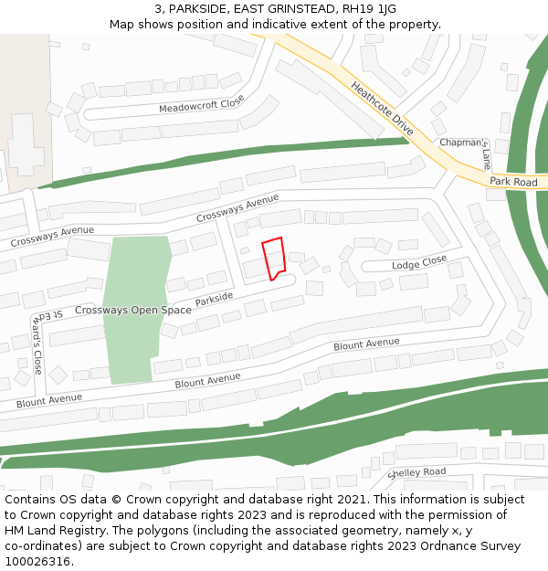 3, PARKSIDE, EAST GRINSTEAD, RH19 1JG: Location map and indicative extent of plot