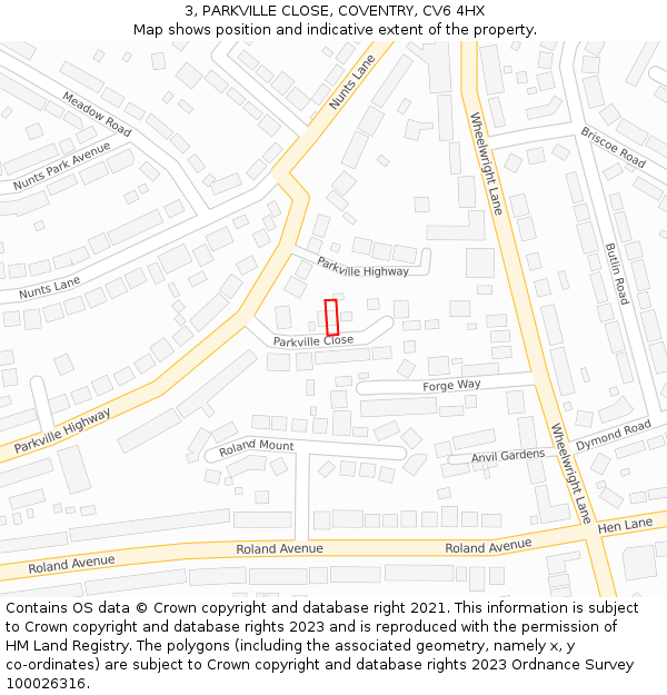 3, PARKVILLE CLOSE, COVENTRY, CV6 4HX: Location map and indicative extent of plot