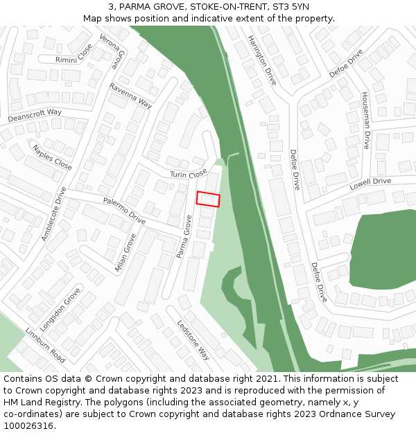 3, PARMA GROVE, STOKE-ON-TRENT, ST3 5YN: Location map and indicative extent of plot