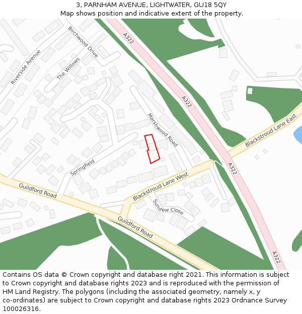 3, PARNHAM AVENUE, LIGHTWATER, GU18 5QY: Location map and indicative extent of plot