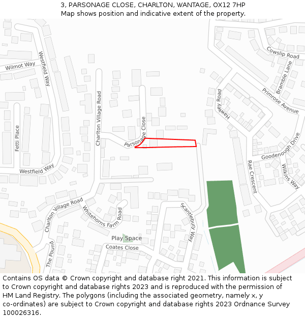3, PARSONAGE CLOSE, CHARLTON, WANTAGE, OX12 7HP: Location map and indicative extent of plot