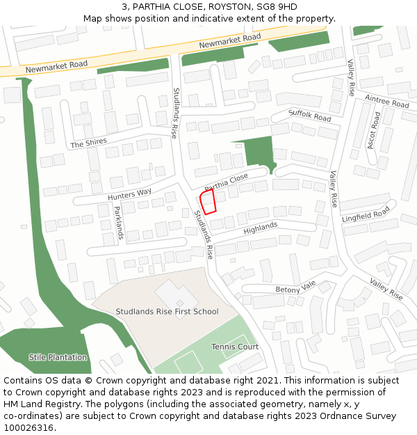 3, PARTHIA CLOSE, ROYSTON, SG8 9HD: Location map and indicative extent of plot