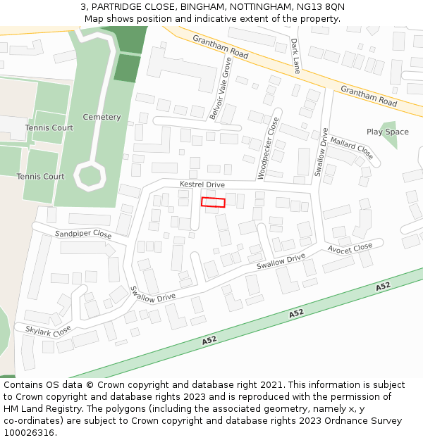3, PARTRIDGE CLOSE, BINGHAM, NOTTINGHAM, NG13 8QN: Location map and indicative extent of plot