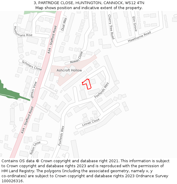 3, PARTRIDGE CLOSE, HUNTINGTON, CANNOCK, WS12 4TN: Location map and indicative extent of plot