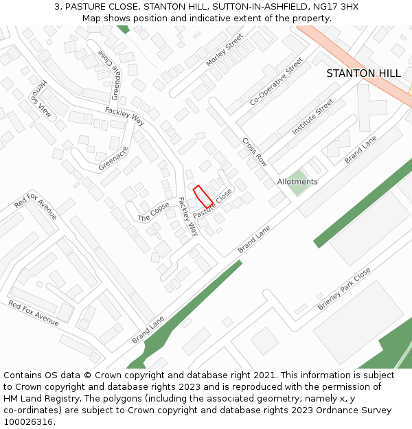 3, PASTURE CLOSE, STANTON HILL, SUTTON-IN-ASHFIELD, NG17 3HX: Location map and indicative extent of plot