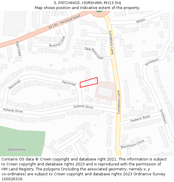 3, PATCHINGS, HORSHAM, RH13 5HJ: Location map and indicative extent of plot