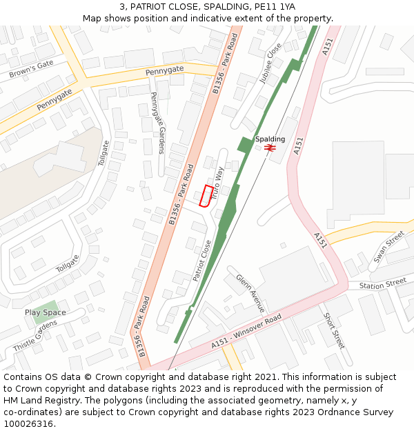 3, PATRIOT CLOSE, SPALDING, PE11 1YA: Location map and indicative extent of plot