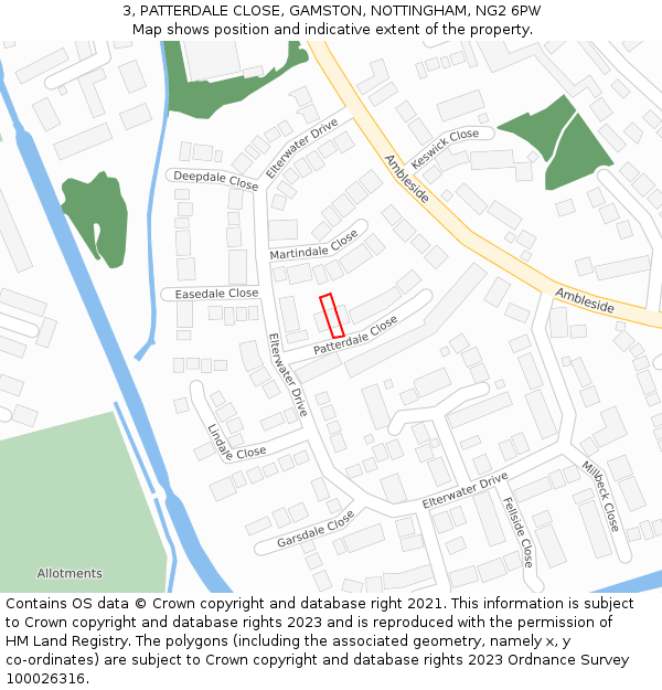 3, PATTERDALE CLOSE, GAMSTON, NOTTINGHAM, NG2 6PW: Location map and indicative extent of plot