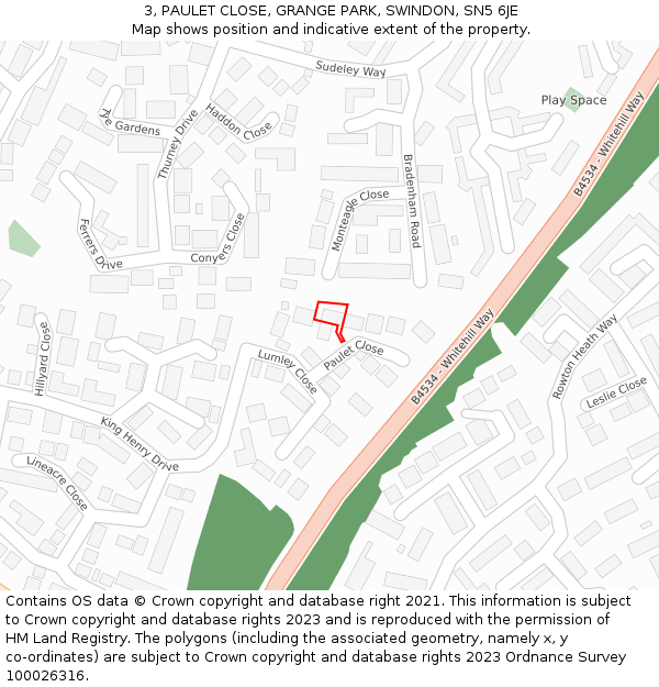 3, PAULET CLOSE, GRANGE PARK, SWINDON, SN5 6JE: Location map and indicative extent of plot