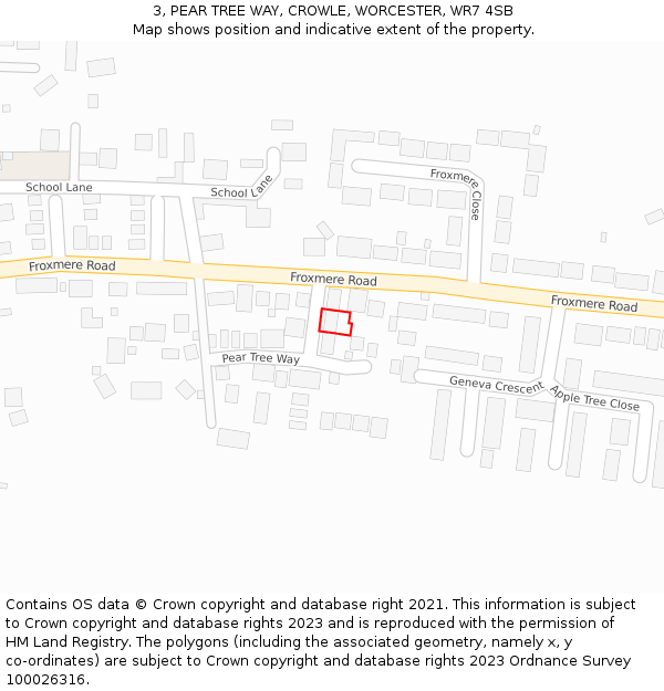 3, PEAR TREE WAY, CROWLE, WORCESTER, WR7 4SB: Location map and indicative extent of plot