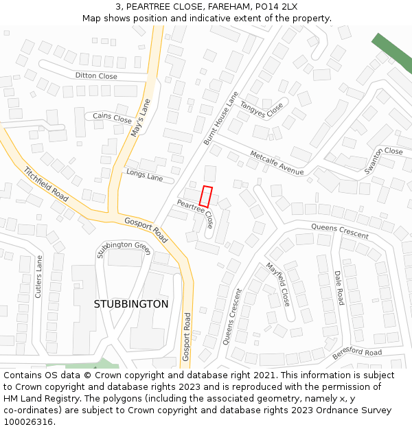 3, PEARTREE CLOSE, FAREHAM, PO14 2LX: Location map and indicative extent of plot