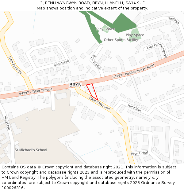 3, PENLLWYNGWYN ROAD, BRYN, LLANELLI, SA14 9UF: Location map and indicative extent of plot