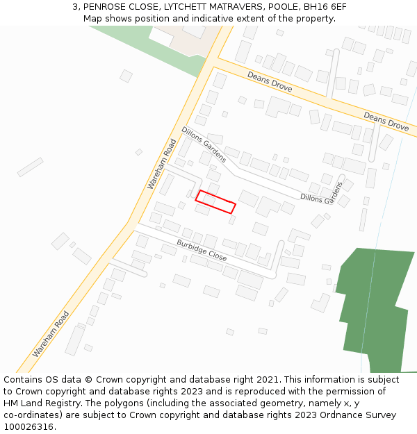 3, PENROSE CLOSE, LYTCHETT MATRAVERS, POOLE, BH16 6EF: Location map and indicative extent of plot