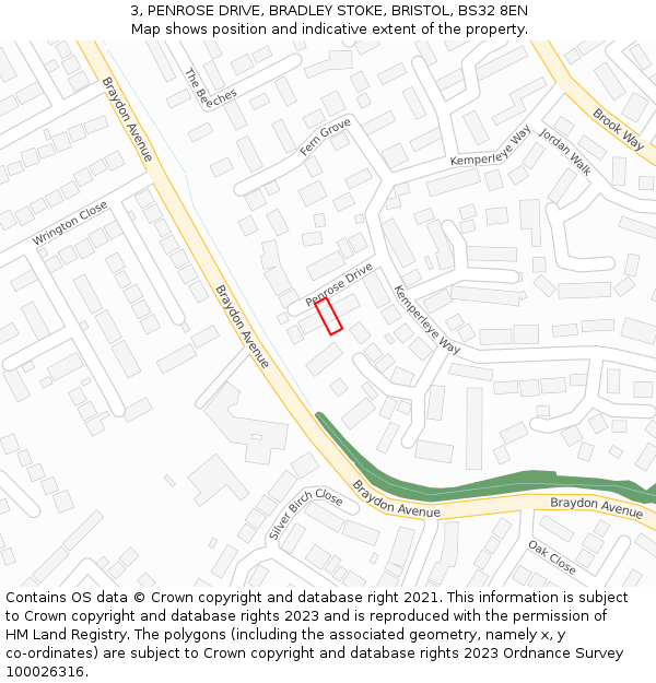 3, PENROSE DRIVE, BRADLEY STOKE, BRISTOL, BS32 8EN: Location map and indicative extent of plot