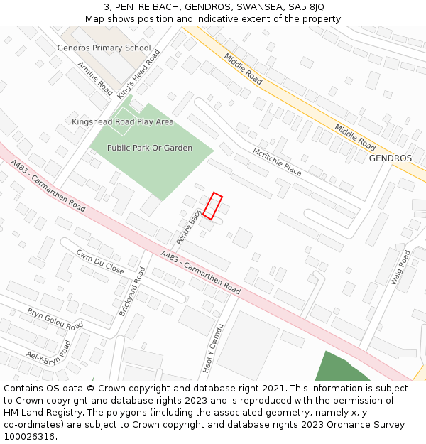 3, PENTRE BACH, GENDROS, SWANSEA, SA5 8JQ: Location map and indicative extent of plot