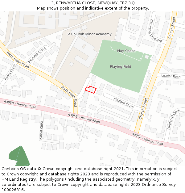 3, PENWARTHA CLOSE, NEWQUAY, TR7 3JQ: Location map and indicative extent of plot