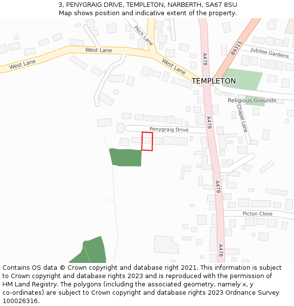 3, PENYGRAIG DRIVE, TEMPLETON, NARBERTH, SA67 8SU: Location map and indicative extent of plot