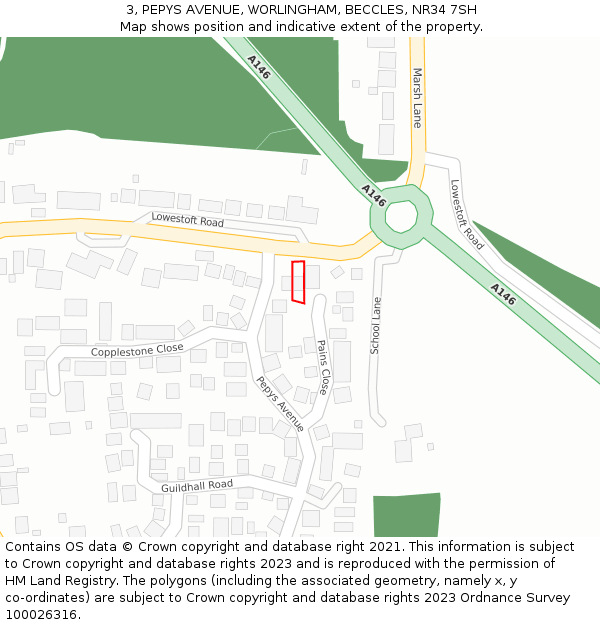 3, PEPYS AVENUE, WORLINGHAM, BECCLES, NR34 7SH: Location map and indicative extent of plot