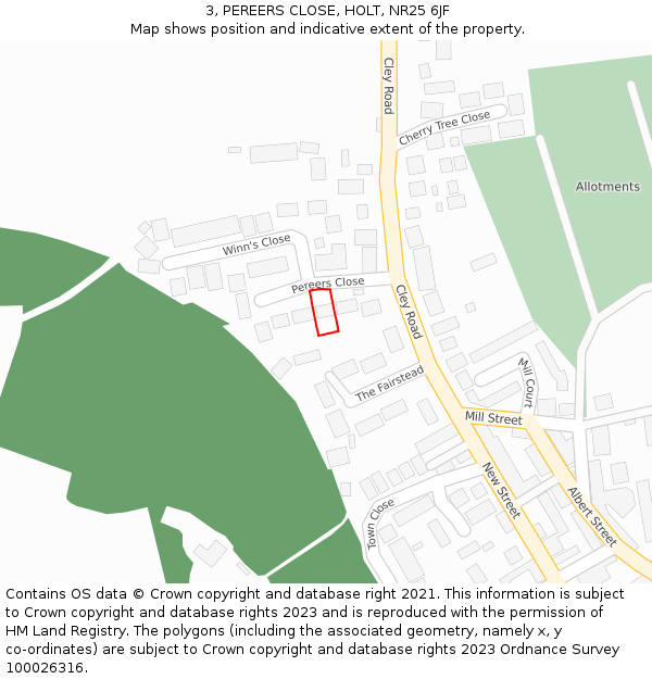 3, PEREERS CLOSE, HOLT, NR25 6JF: Location map and indicative extent of plot