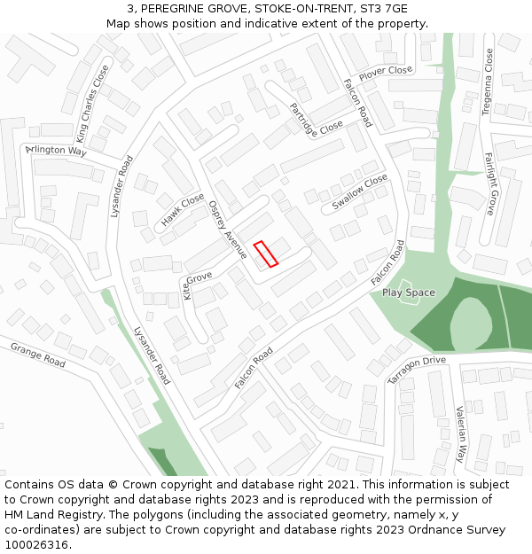 3, PEREGRINE GROVE, STOKE-ON-TRENT, ST3 7GE: Location map and indicative extent of plot