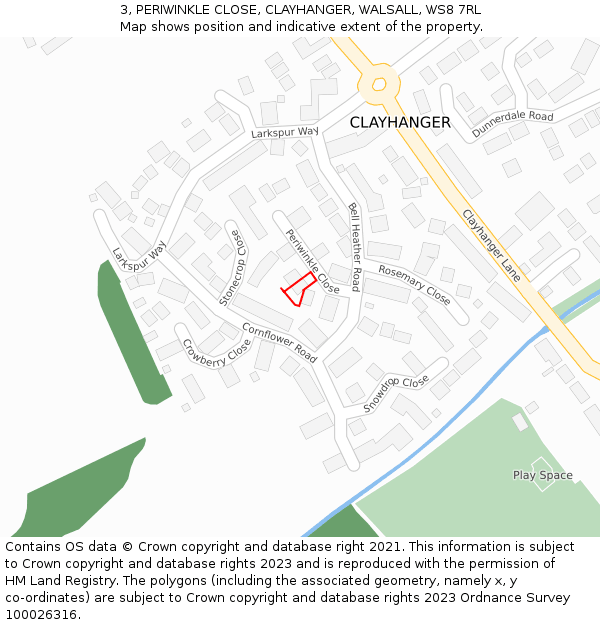 3, PERIWINKLE CLOSE, CLAYHANGER, WALSALL, WS8 7RL: Location map and indicative extent of plot