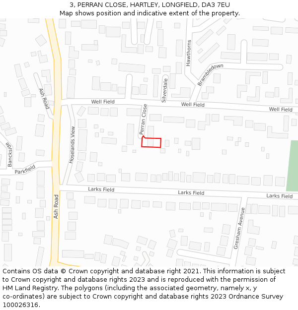 3, PERRAN CLOSE, HARTLEY, LONGFIELD, DA3 7EU: Location map and indicative extent of plot