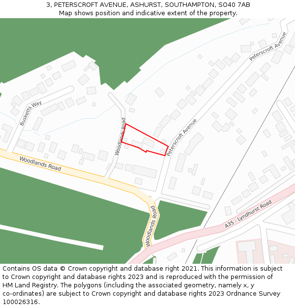 3, PETERSCROFT AVENUE, ASHURST, SOUTHAMPTON, SO40 7AB: Location map and indicative extent of plot