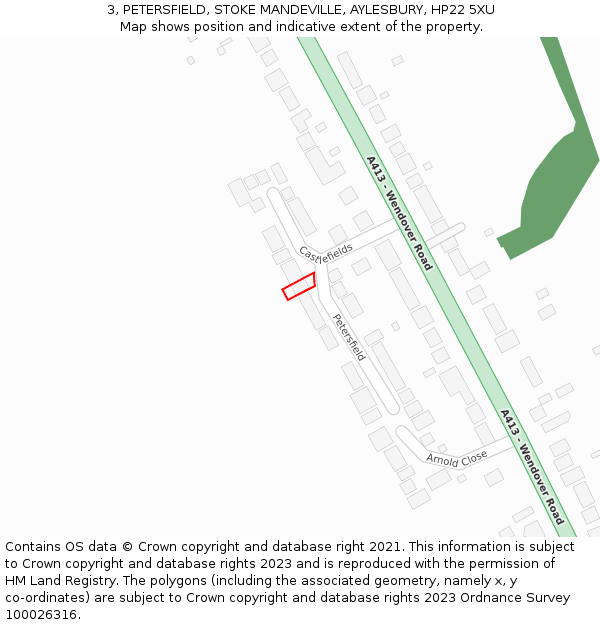 3, PETERSFIELD, STOKE MANDEVILLE, AYLESBURY, HP22 5XU: Location map and indicative extent of plot