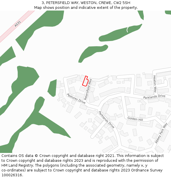 3, PETERSFIELD WAY, WESTON, CREWE, CW2 5SH: Location map and indicative extent of plot