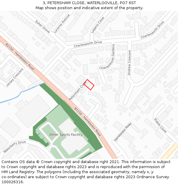 3, PETERSHAM CLOSE, WATERLOOVILLE, PO7 6ST: Location map and indicative extent of plot