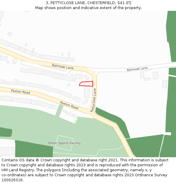 3, PETTYCLOSE LANE, CHESTERFIELD, S41 0TJ: Location map and indicative extent of plot