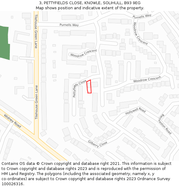 3, PETTYFIELDS CLOSE, KNOWLE, SOLIHULL, B93 9EG: Location map and indicative extent of plot
