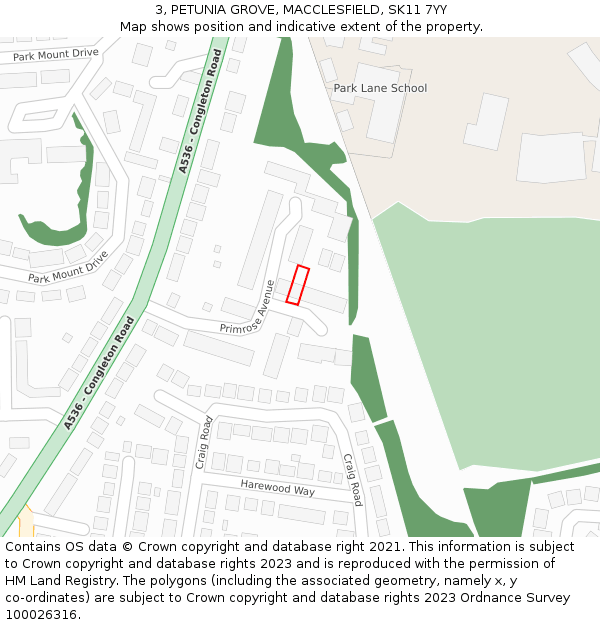 3, PETUNIA GROVE, MACCLESFIELD, SK11 7YY: Location map and indicative extent of plot