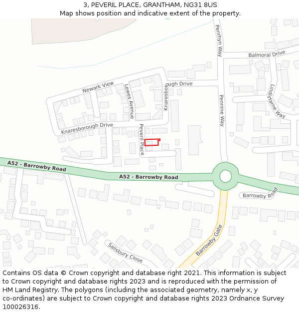 3, PEVERIL PLACE, GRANTHAM, NG31 8US: Location map and indicative extent of plot