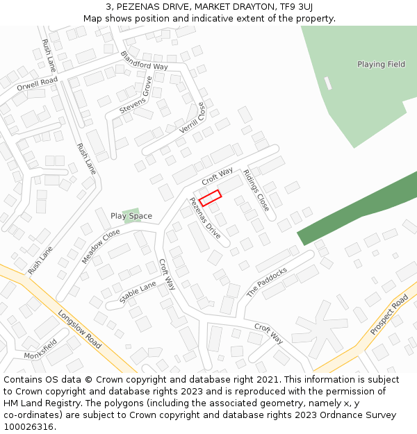 3, PEZENAS DRIVE, MARKET DRAYTON, TF9 3UJ: Location map and indicative extent of plot